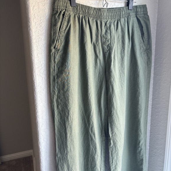 Old Navy Linen Blend Wide Leg Pants Olive Green Elastic Drawstring Waist Size L - Picture 2 of 11
